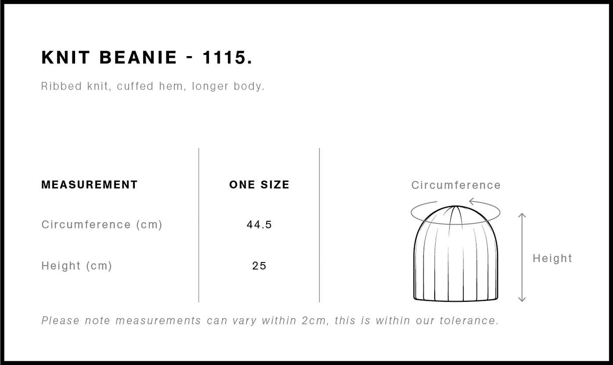 8ROX Beanie - Black size chart