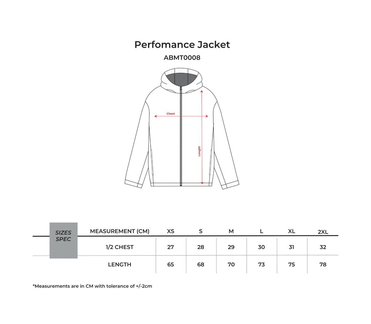 8ROX Performance Jacket - Black size chart