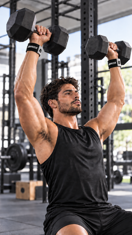 Model training with 8ROX Wrist Strap during dumbbell shoulder press