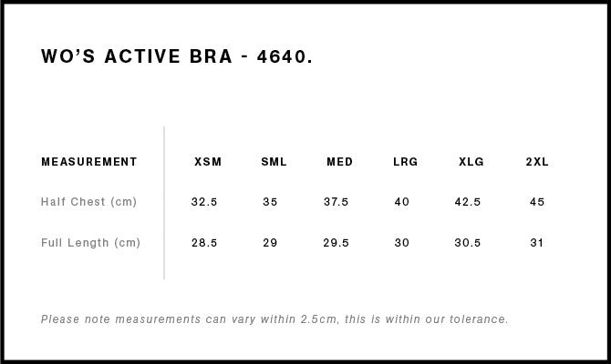 Ladies 8ROX Active Bra - Black / Pink size chart