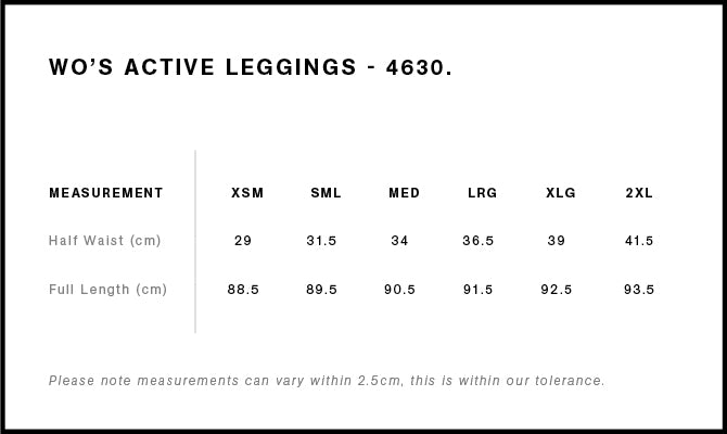 Ladies 8ROX Performance Leggings - Black size chart