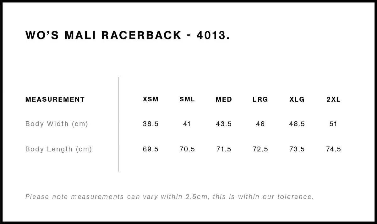 Ladies 8ROX Racerback - Black / Pink size chart