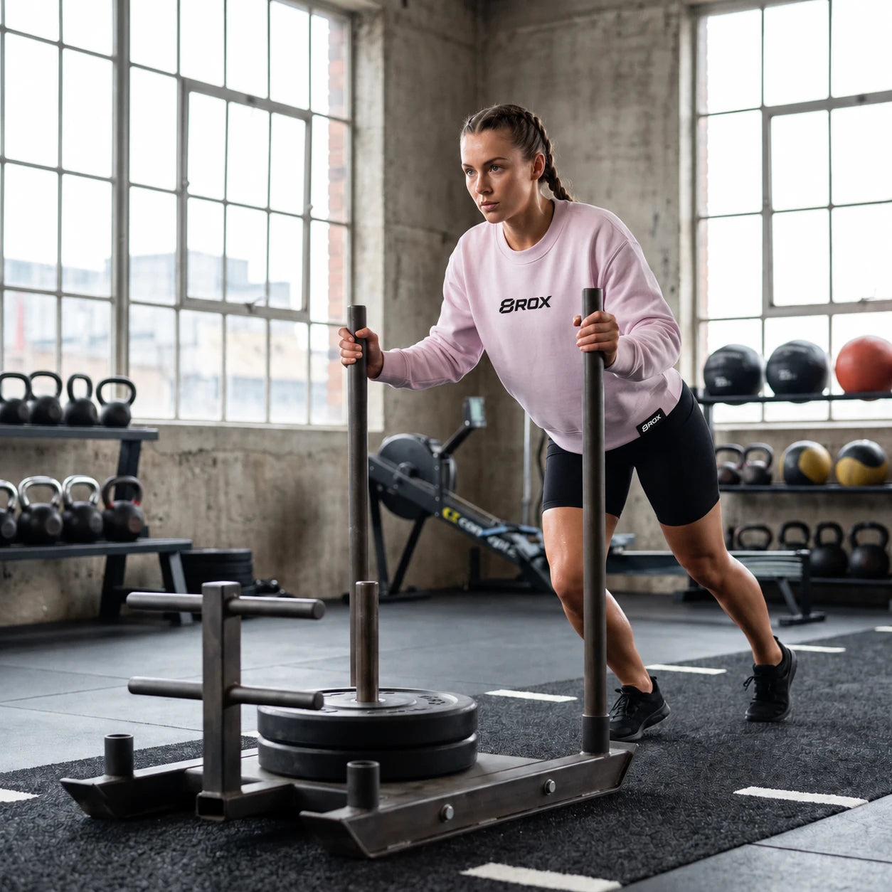 Athlete training in a pink 8ROX lifestyle crew with centered front branding